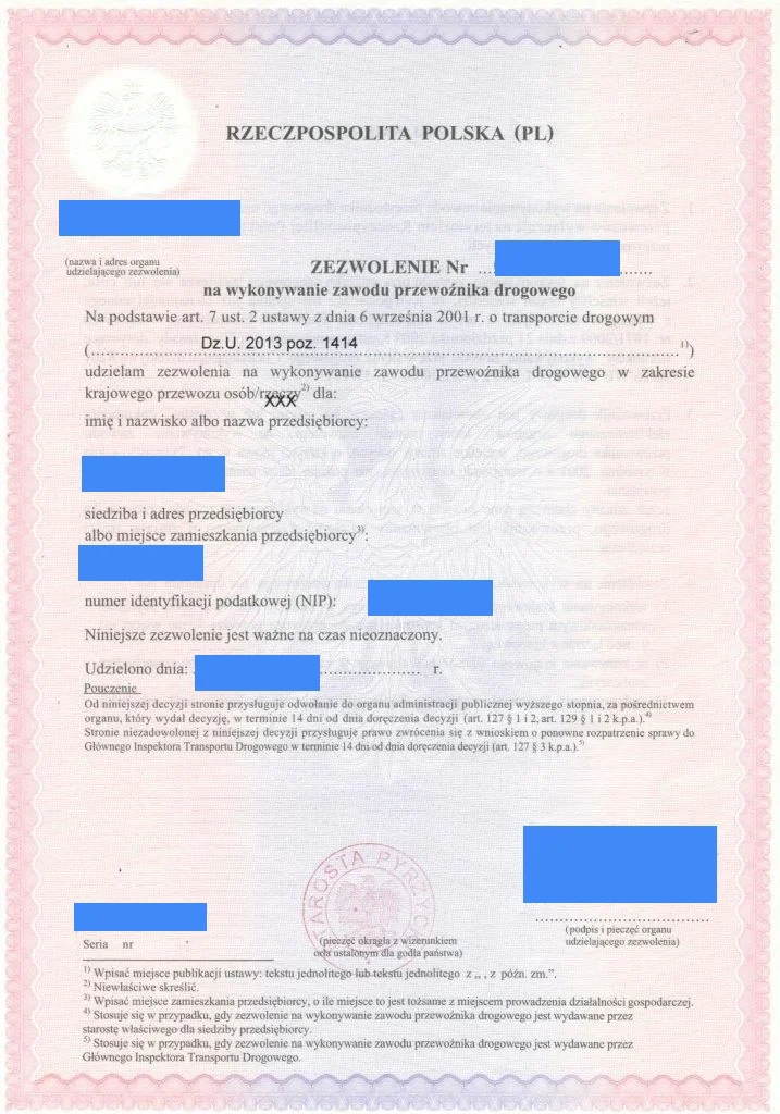 Wzór zezwolenia na wykonywanie zawodu przewoźnika drogowego