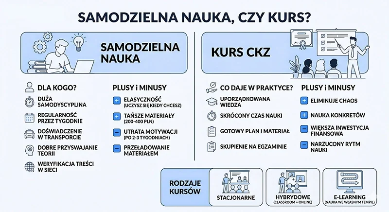 Samodzielna nauka do egzaminu na CKZ, czy kurs? Porównanie